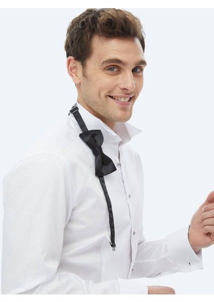 Beyaz Düz Slim Fit Duble Manşet Ata Yaka Smokin Gömlek