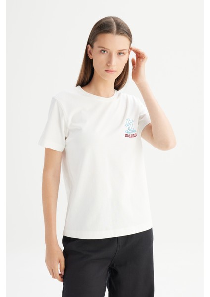 %100 Pamuk Regular Fit Normal Kesim Bisiklet Yaka Baskılı Beyaz Tişört