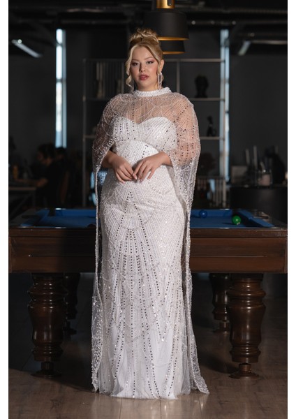 Straplez Boncuk Işlemeli Şallı Büyük Beden Uzun Abiye ABU5328