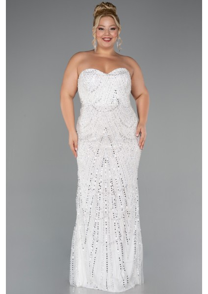 Straplez Boncuk Işlemeli Şallı Büyük Beden Uzun Abiye ABU5328 fiyatları