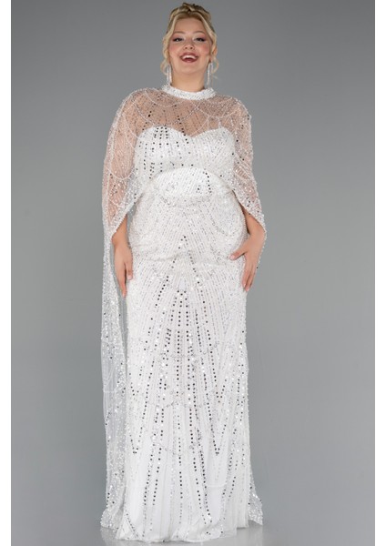 Straplez Boncuk Işlemeli Şallı Büyük Beden Uzun Abiye ABU5328 modelleri