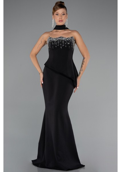 Taşlı Straplez Yaka Peplum Kesim Uzun Abiye ABU5329