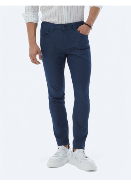 Lacivert Dokuma Slim Fit Casual Pamuk Karışımlı Pantolon