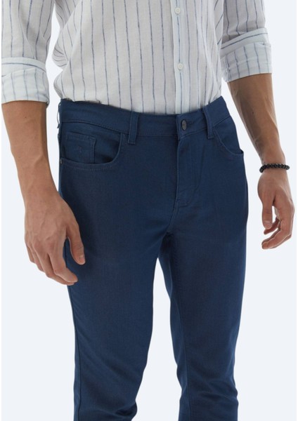 Lacivert Dokuma Slim Fit Casual Pamuk Karışımlı Pantolon