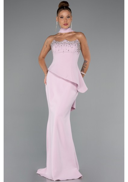 Taşlı Straplez Yaka Peplum Kesim Uzun Abiye ABU5329