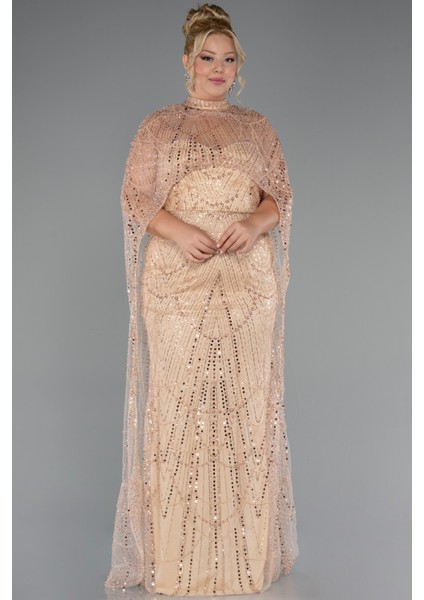 Straplez Boncuk Işlemeli Şallı Büyük Beden Uzun Abiye ABU5328