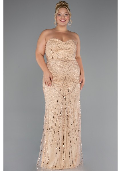 Straplez Boncuk Işlemeli Şallı Büyük Beden Uzun Abiye ABU5328 fiyatları