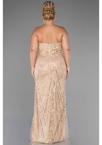 Straplez Boncuk Işlemeli Şallı Büyük Beden Uzun Abiye ABU5328 fırsatları