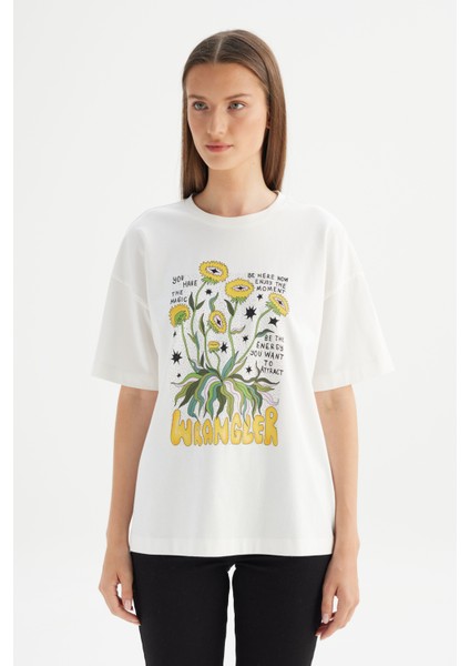 %100 Pamuk Loose Fit Rahat Kesim Bisiklet Yaka Baskılı Kırık Beyaz Tişört