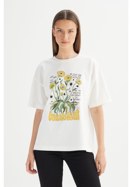 %100 Pamuk Loose Fit Rahat Kesim Bisiklet Yaka Baskılı Kırık Beyaz Tişört modelleri