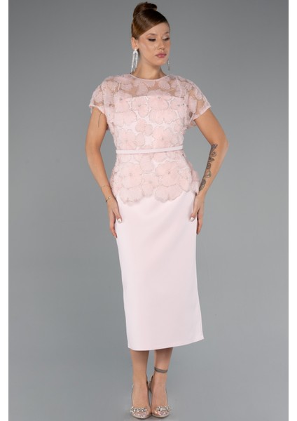 Kısa Kol Desenli Midi Dantel Büyük Beden Abiye ABK2448