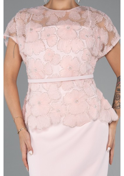 Kısa Kol Desenli Midi Dantel Büyük Beden Abiye ABK2448 modelleri