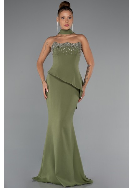 Taşlı Straplez Yaka Peplum Kesim Uzun Abiye ABU5329