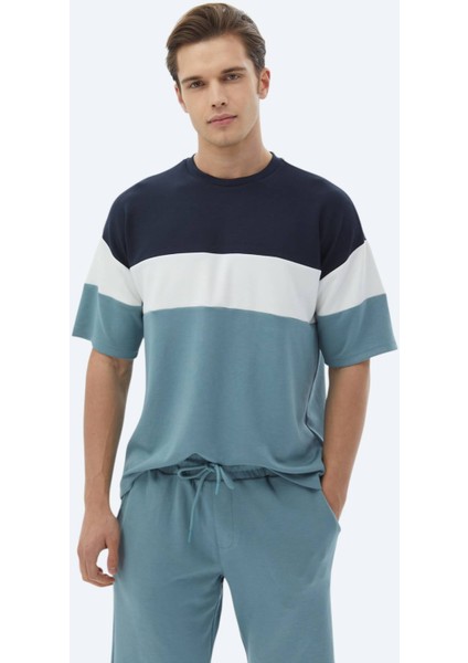 Mavi Çizgili Bisiklet Yaka T-Shirt