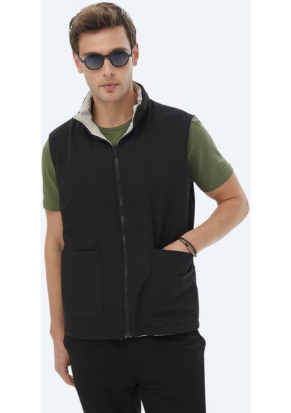 Siyah Regular Fit Gizli Kapüşon Casual Dokuma Çift Taraflı Spor Yelek