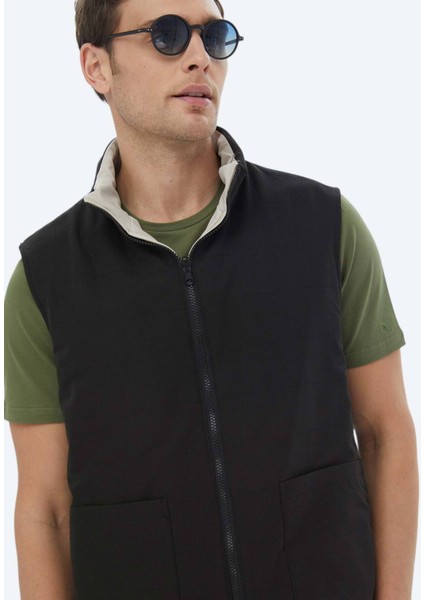 Siyah Regular Fit Gizli Kapüşon Casual Dokuma Çift Taraflı Spor Yelek
