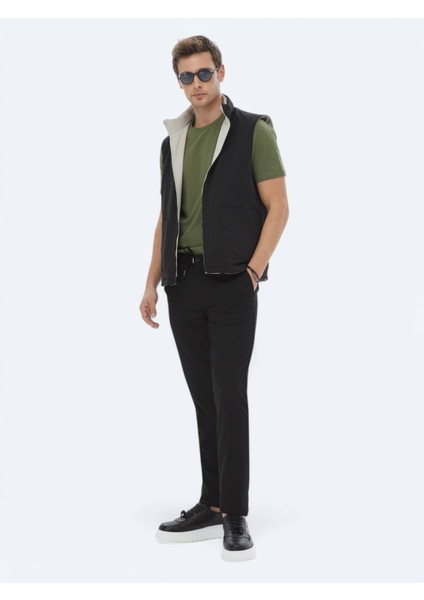 Siyah Regular Fit Gizli Kapüşon Casual Dokuma Çift Taraflı Spor Yelek