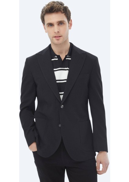 Siyah Çizgili Modern Fit Pamuk Karışımlı Ceket