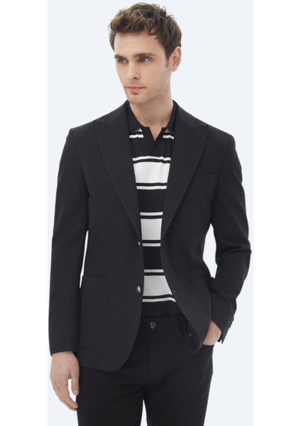 Siyah Çizgili Modern Fit Pamuk Karışımlı Ceket