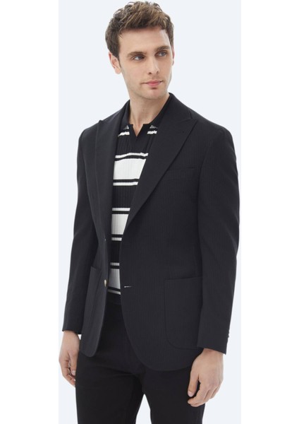 Siyah Çizgili Modern Fit Pamuk Karışımlı Ceket