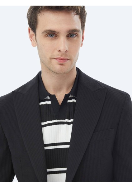 Siyah Çizgili Modern Fit Pamuk Karışımlı Ceket