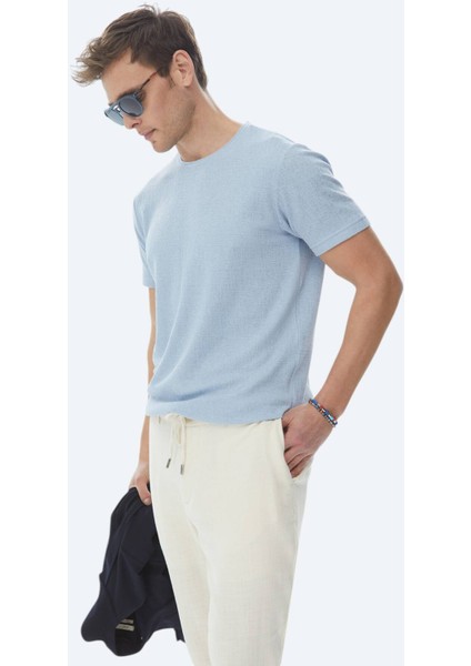 Mavi Jakarlı Bisiklet Yaka Pamuk Karışımlı T-Shirt