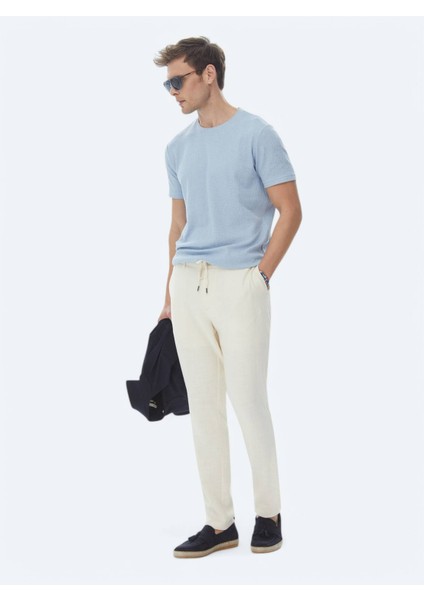 Mavi Jakarlı Bisiklet Yaka Pamuk Karışımlı T-Shirt