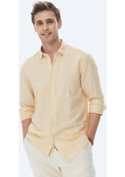 Safran Çizgili Regular Fit Dokuma Casual Pamuk Karışımlı Gömlek