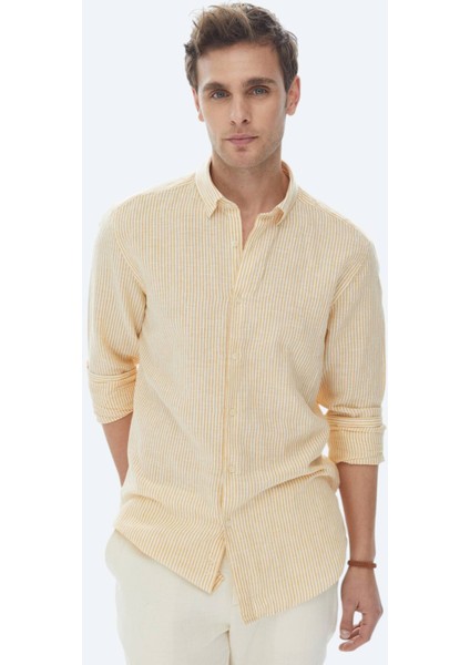 Safran Çizgili Regular Fit Dokuma Casual Pamuk Karışımlı Gömlek