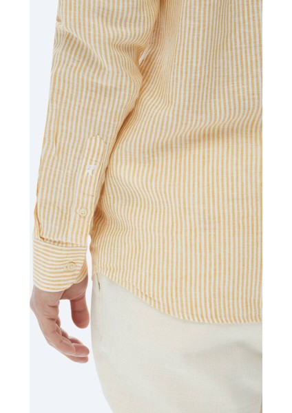 Safran Çizgili Regular Fit Dokuma Casual Pamuk Karışımlı Gömlek