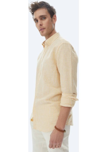 Safran Çizgili Regular Fit Dokuma Casual Pamuk Karışımlı Gömlek