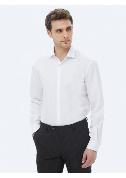 Beyaz Düz Regular Fit Dokuma Klasik Pamuk Karışımlı Gömlek