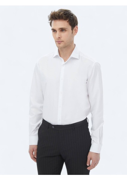 Beyaz Düz Regular Fit Dokuma Klasik Pamuk Karışımlı Gömlek