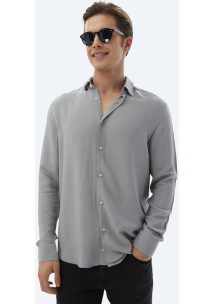 Gri Düz Regular Fit Dokuma Casual Gömlek