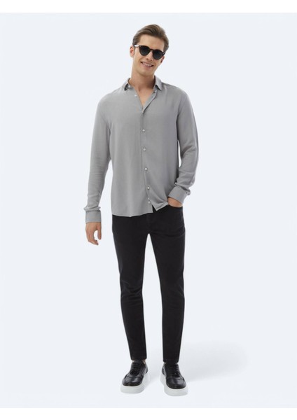 Gri Düz Regular Fit Dokuma Casual Gömlek