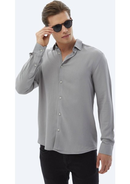 Gri Düz Regular Fit Dokuma Casual Gömlek
