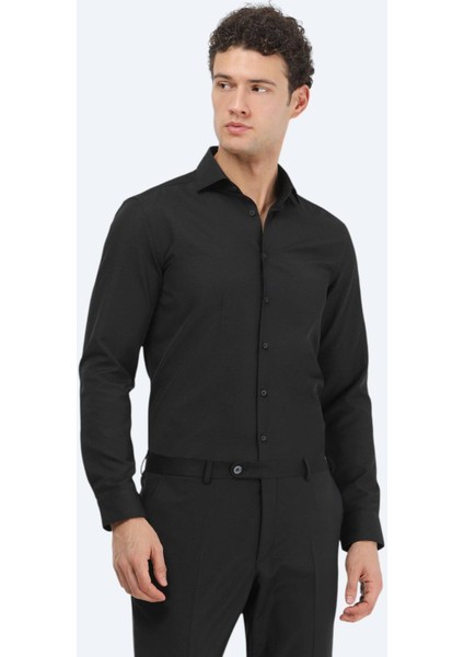 Siyah Düz Regular Fit Dokuma Klasik Pamuk Karışımlı Gömlek
