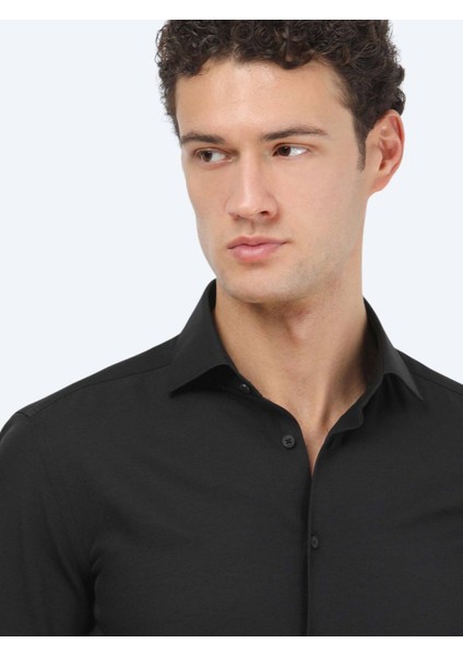 Siyah Düz Regular Fit Dokuma Klasik Pamuk Karışımlı Gömlek