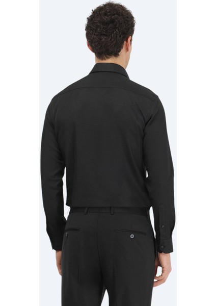 Siyah Düz Regular Fit Dokuma Klasik Pamuk Karışımlı Gömlek