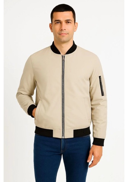 Erkek Içi Astarlı Fermuarlı Bomber Mont Ceket - Bej fırsatları