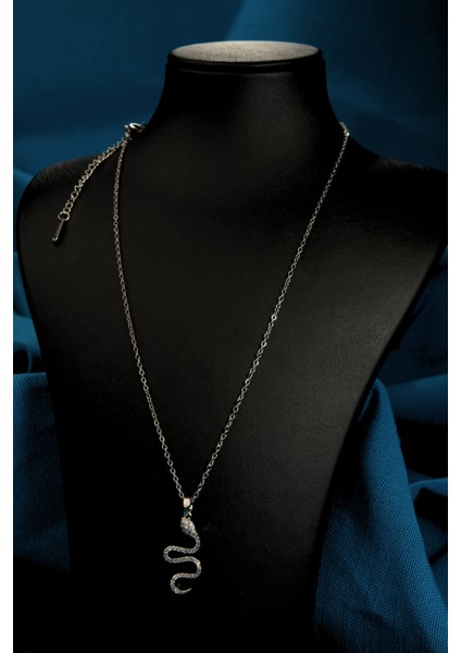 Zirkon Taşlı Yılan Figürlü Kadın Çelik Kolye