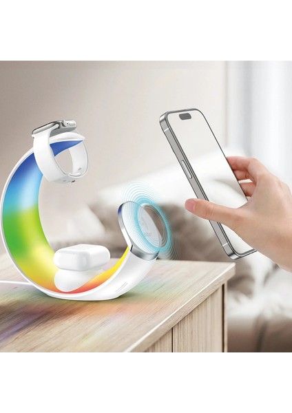 Rgb Gece Lambalı 15W Hızlı Sarj Destekli 4in1 Taşınılabilir Çoklu Sarj Stand Istasyonu modelleri