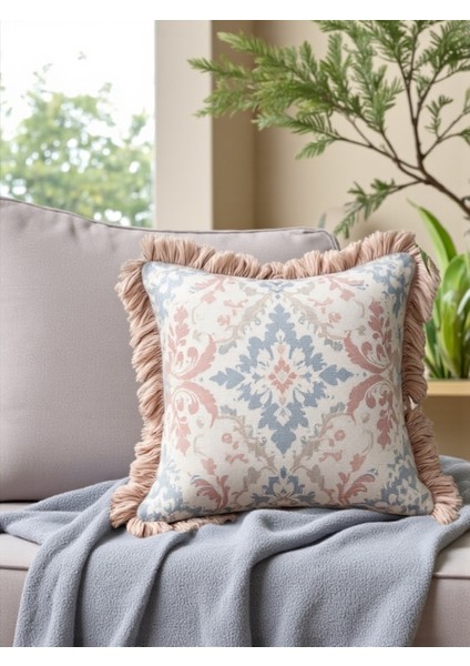 Ingiliz Tarzı Klasik Desenli Dekoratif Saçaklı Dolgulu Yastık Hediye Pamuk Kırlent Minder 43X43 cm