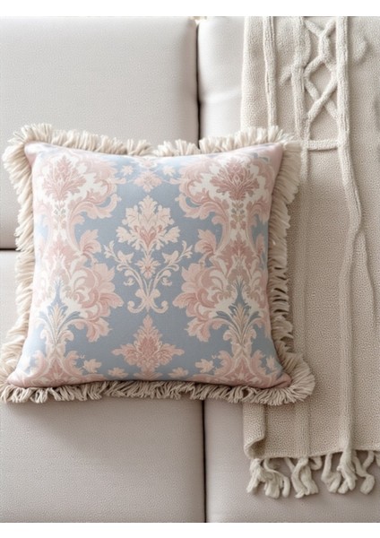 Ingiliz Tarzı Klasik Desenli Dekoratif Saçaklı Dolgulu Yastık Hediye Pamuk Kırlent Minder 43X43 cm