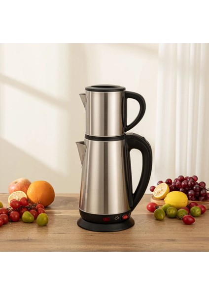 Metal Elektrikli Çay Seti, 1.8/0.8 Litre, Gri, 1650W