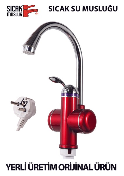 Kırmızı Elektrikli Ani Su Isıtıcı, Termal Şofben ve Musluk, Pratik ve Şık Tasarım