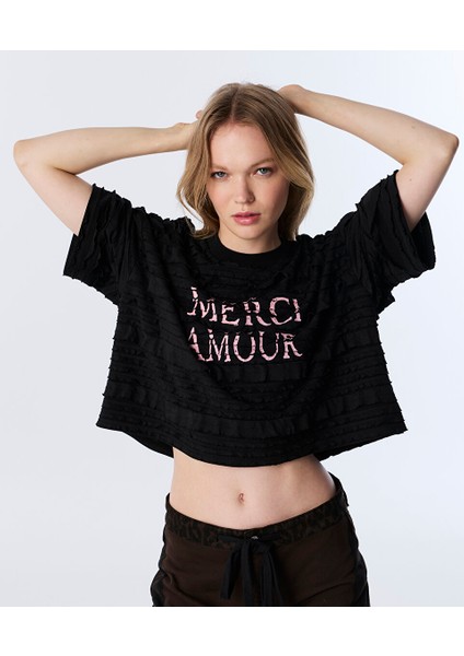 Slogan Baskılı Dokulu Tişört TW6250070117001