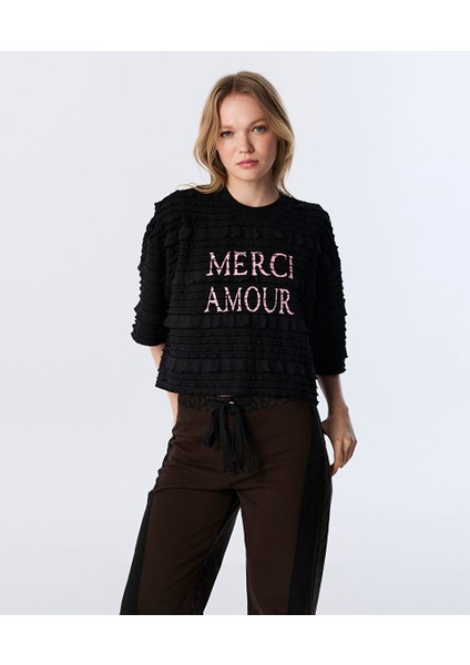 Slogan Baskılı Dokulu Tişört TW6250070117001