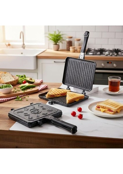 Çift Taraflı Döküm Tost ve Sandviç Tavası, Granit Efektli, Yanmaz ve Yapışmaz, Siyah