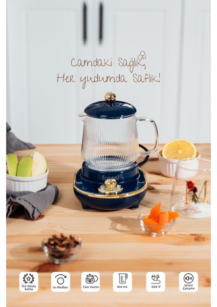 Lacivert Cam Su Isıtıcı ve Çay Makinesi, Çok Fonksiyonlu, 600ML, Elektrikli, Pratik Kullanım